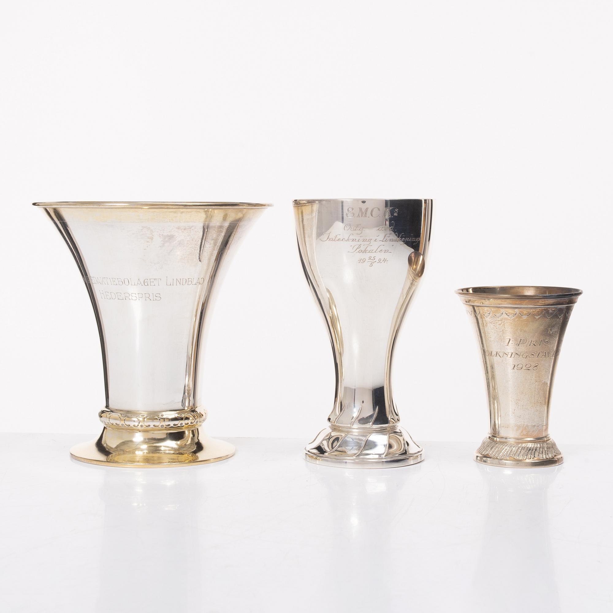 Trophies/cups and bowl, 6 pcs, silver, Sweden and Denmark, including K Anderson, Stockholm 1925.