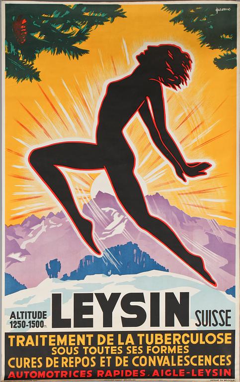 REKLAMAFFISCH, litografiskt tryck, Jacomo Müller, "Leysin", 1930/40-tal.