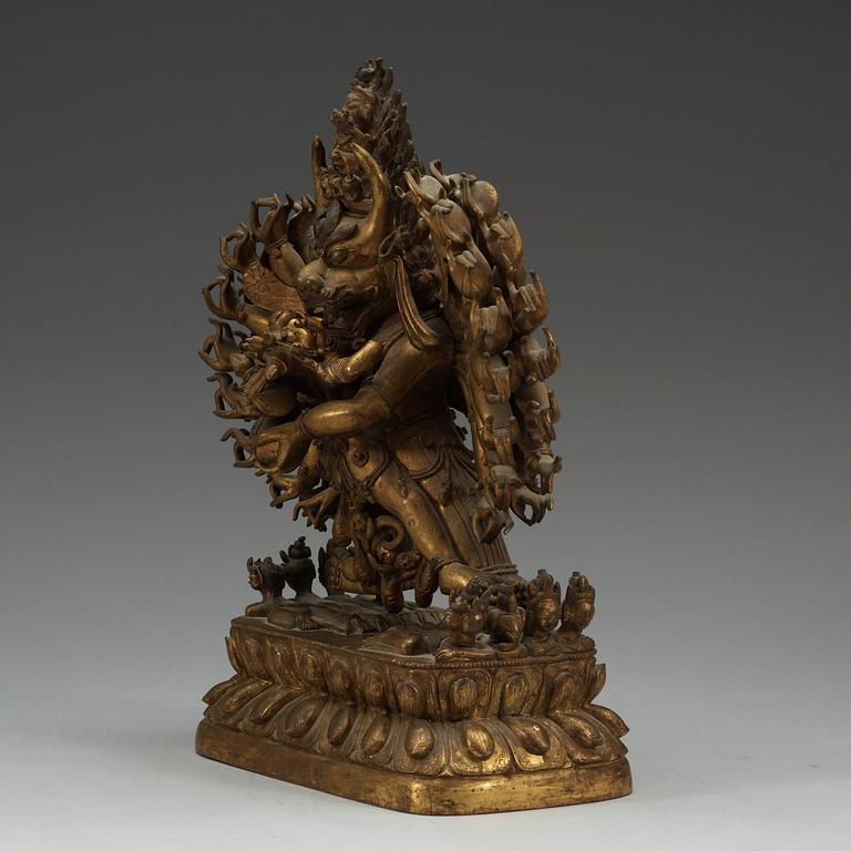 A large gilt bronze figure of Yamantaka, Tibet, presumably circa 1900.