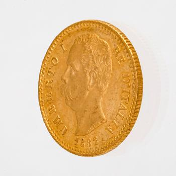 Coin, guld 21,6K (900), L 20 Italien 1882, vikt c 6,4 g.