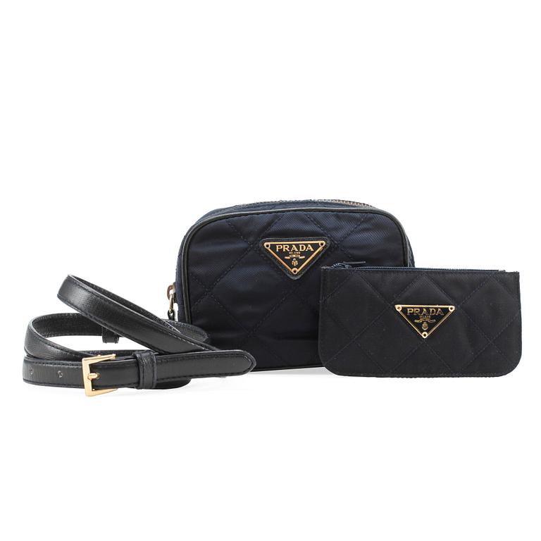 PRADA, a blue quilted fabric waiste bag and key holder.