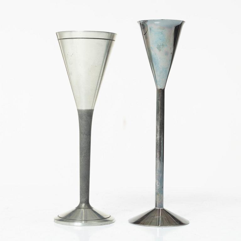 Two vodka glasses, one in silver by Lars Åsling, 1994, and one in pewter, 1977.