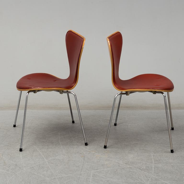 ARNE JACOBSEN, six leather covered 'Series 7' chairs from Fritz Hansen, Danmark, 1984.