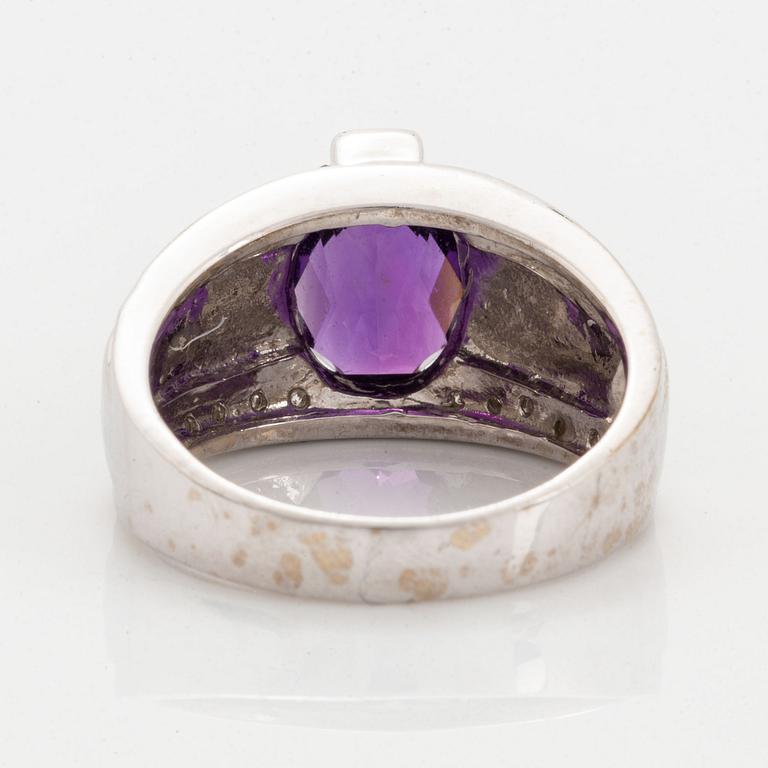 Checker-cut amethyst, opal and diamond ring.