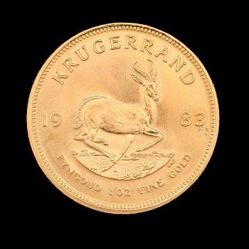 GULDMYNT, finguld, Krugerrand, Sydafrika, 1983. Vikt ca 34 g.