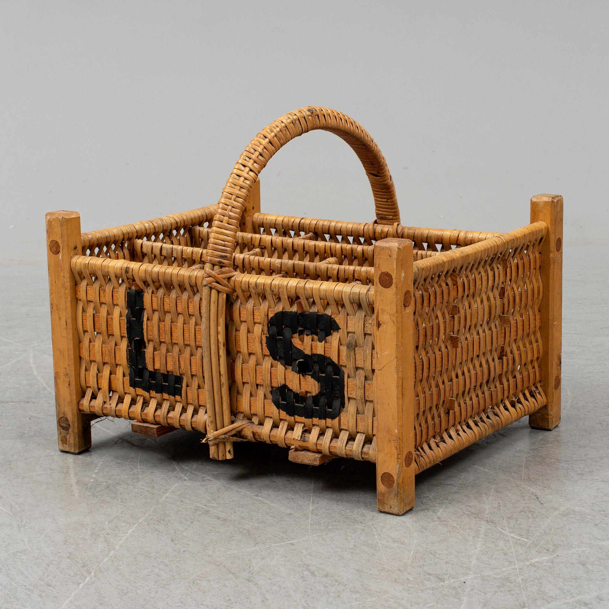 A rattan bottle basket.