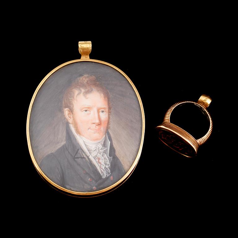 MINIATYR SAMT PETSCHAFT, 18 k guld, 1800-tal.