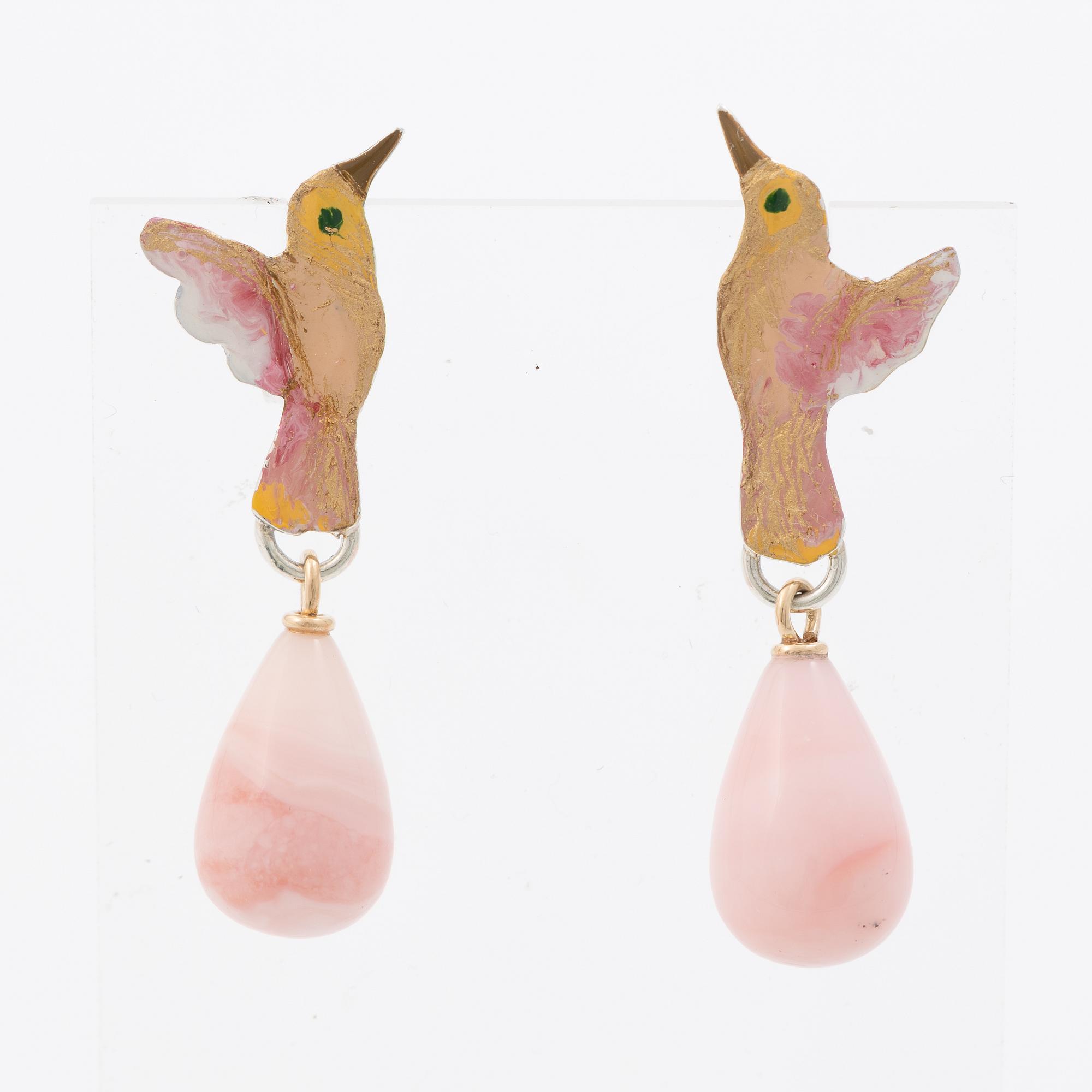 Mandelstam hummingbird earrings in silver and 18K gold, enamel and pink opal.