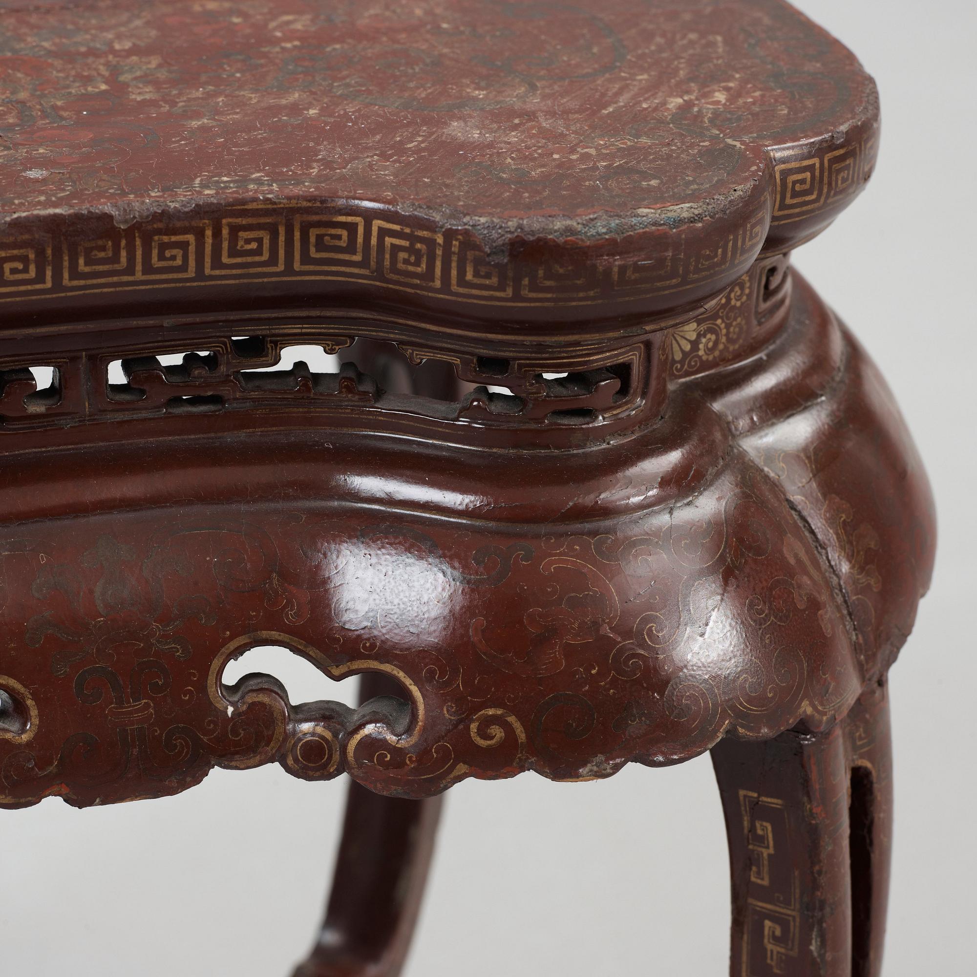 A red and gold lacquer stool, Qing dynasty presumably 18th century.