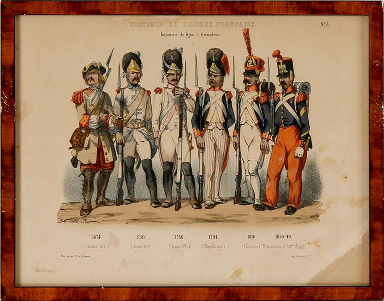 LITOGRAFISKA UNIFORMPLANSCHER, 7 st, Costumes de l'armée Française, 1800-talets slut.