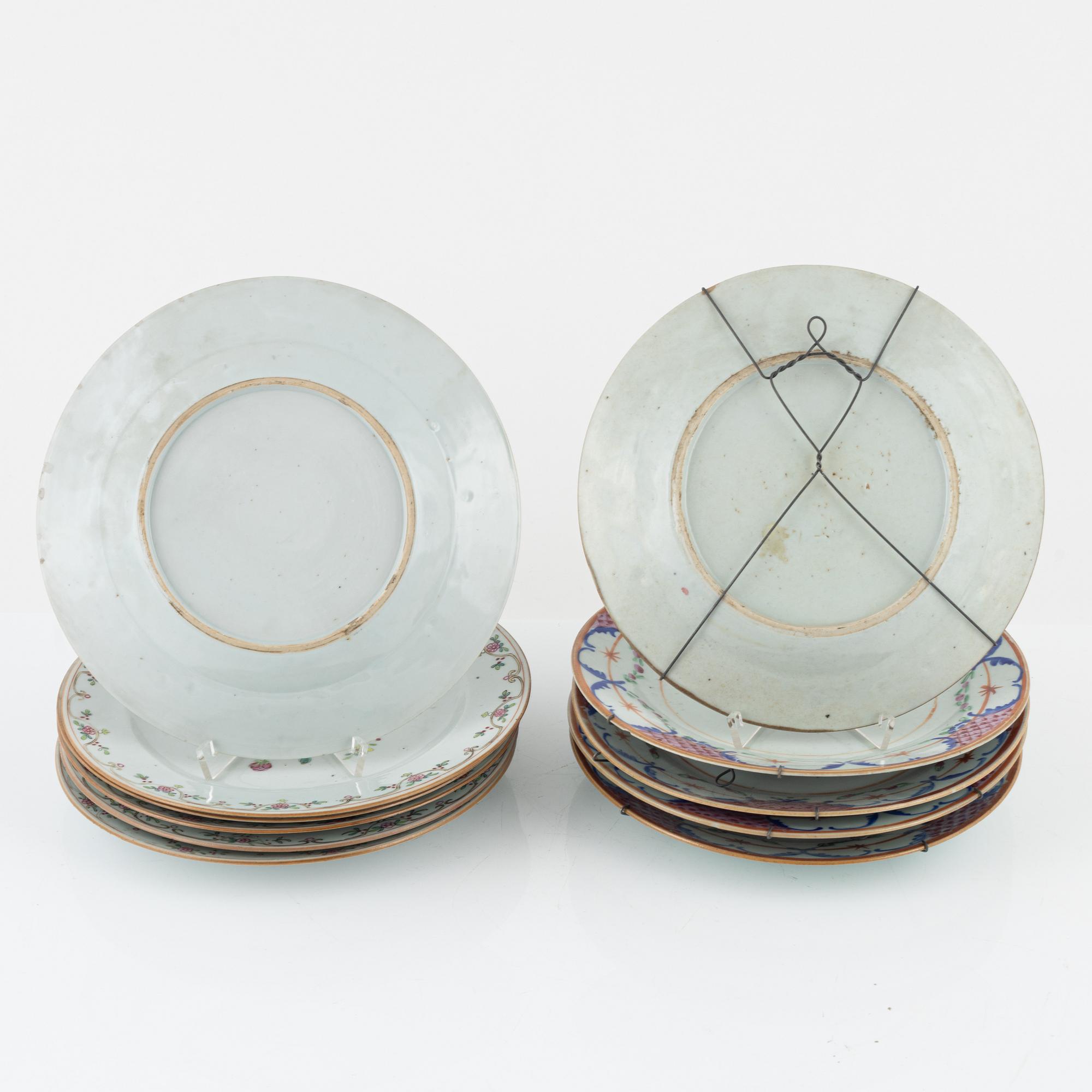 A set of 11 famille rose dinner plates (5+6), Qing dynasty, Qianlong (1736-95).