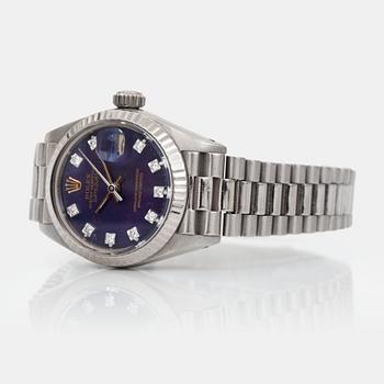 777. DAMUR, Rolex Oyster Perpetual Datejust. Diamantindex. Boett och länk i 18K vitguld. Automat, datum, plexiglas.