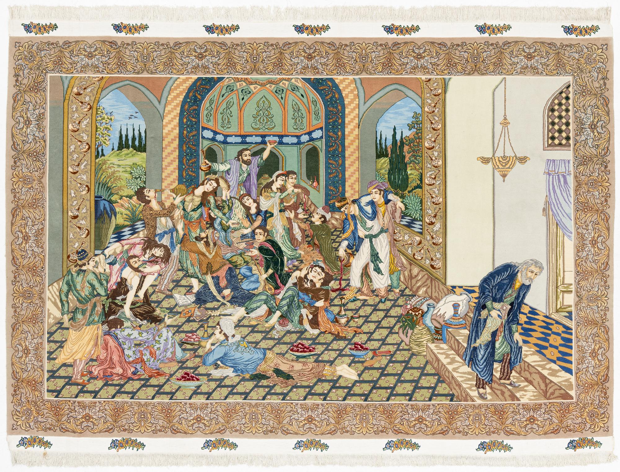 Matta, figural Täbriz, part silk, ca 197 ( + 7 cm slätväv på vardera ände) x 299 cm.