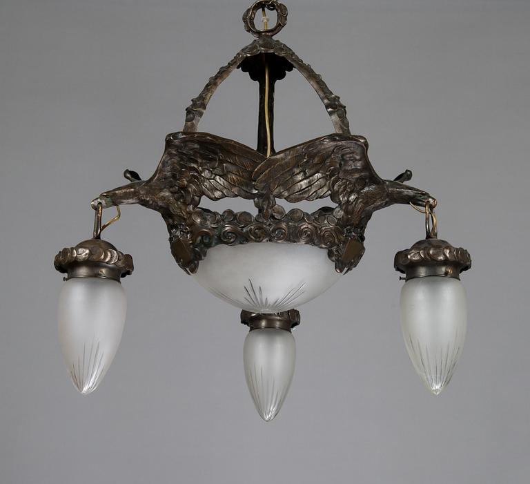 A Jugend style patinated bronze pendant ceiling light from the early 1900s, Böhlmarks, Sweden.