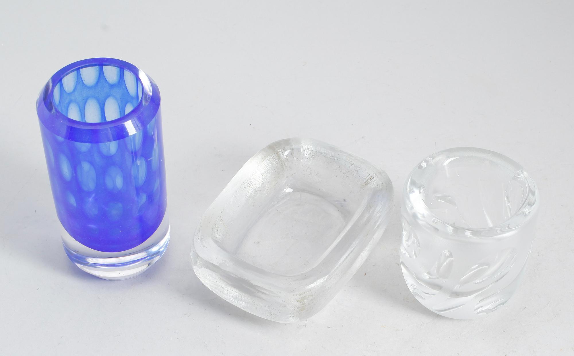 SKÅL OCH VASER, 3 delar, glas, Vicke Lindstrand, bla Kosta.
