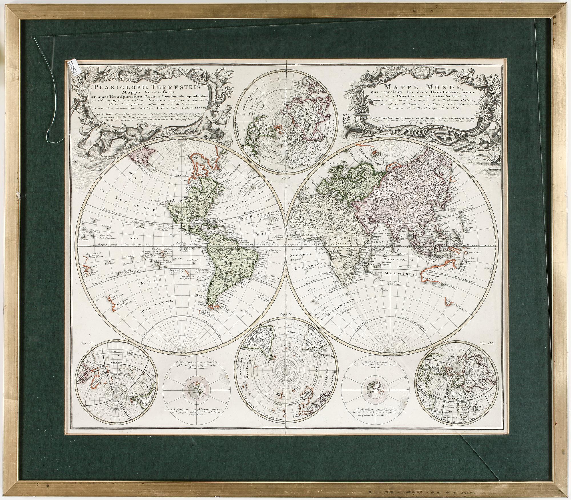 KARTA, "Planiglobii Terrestris Mappa Universalis", Homann Heirs, 1746.