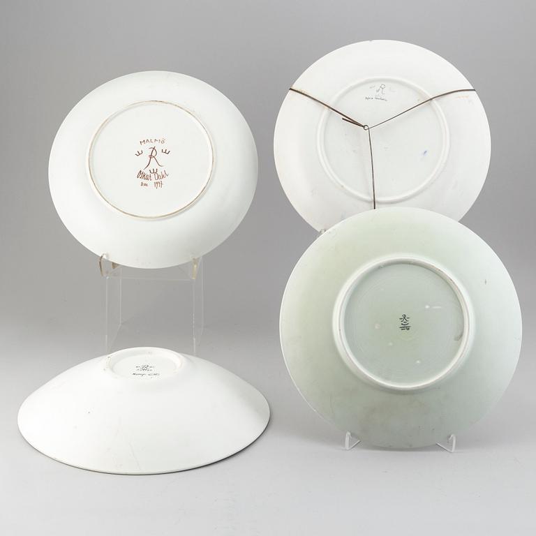 RÖRSTRAND, a set of 4 stoneware dishes, Carl-Harry Stålhane, Oskar Dahl, Sylvia Leuchovius, Sweden mid 20th century.