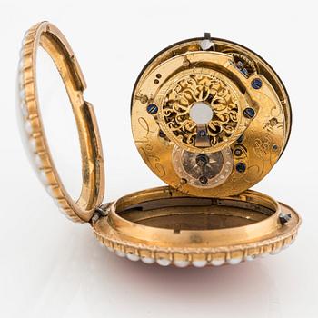 A Louis XVI gold, pearl and enamel pocket watch by Fol à Paris, late 18th century.