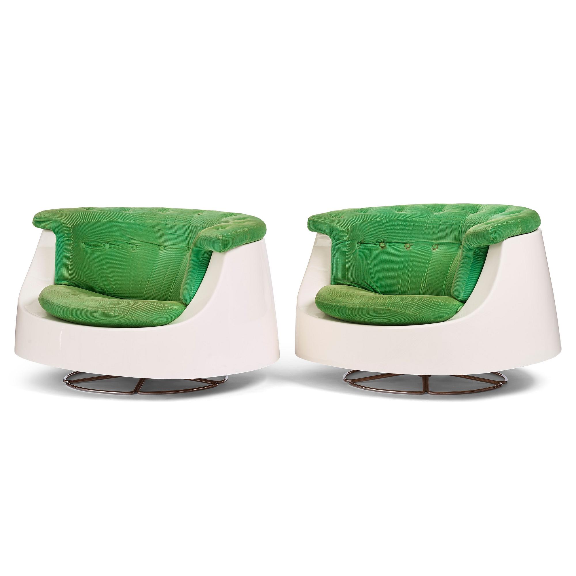 Gillis Lundgren, a pair of 'Sirius' swivel base easy chairs, IKEA, Sweden, 1970s.