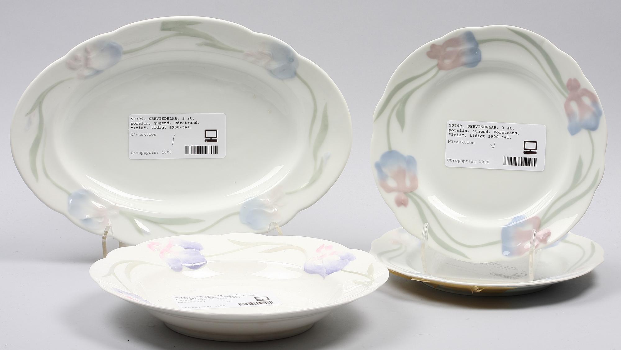 SERVISDELAR, 4 st, porslin, jugend, Rörstrand, bla "Iris", tidigt 1900-tal.