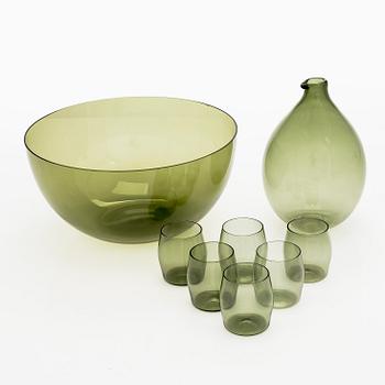 Timo Sarpaneva, Pullo "Lintupullo" sekä juomalaseja 6 kpl ja kulho, i-sarja, Iittala, Suomi, 1900-luvun puoliväli.