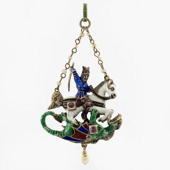 Pendant in silver and enamel with pearls and red stones "St George and the Dragon", Neo-Renaissance.