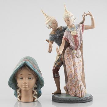 A ceramic "Thailandia" figurine and a figurine head, Lladro, Spain, 1980's.