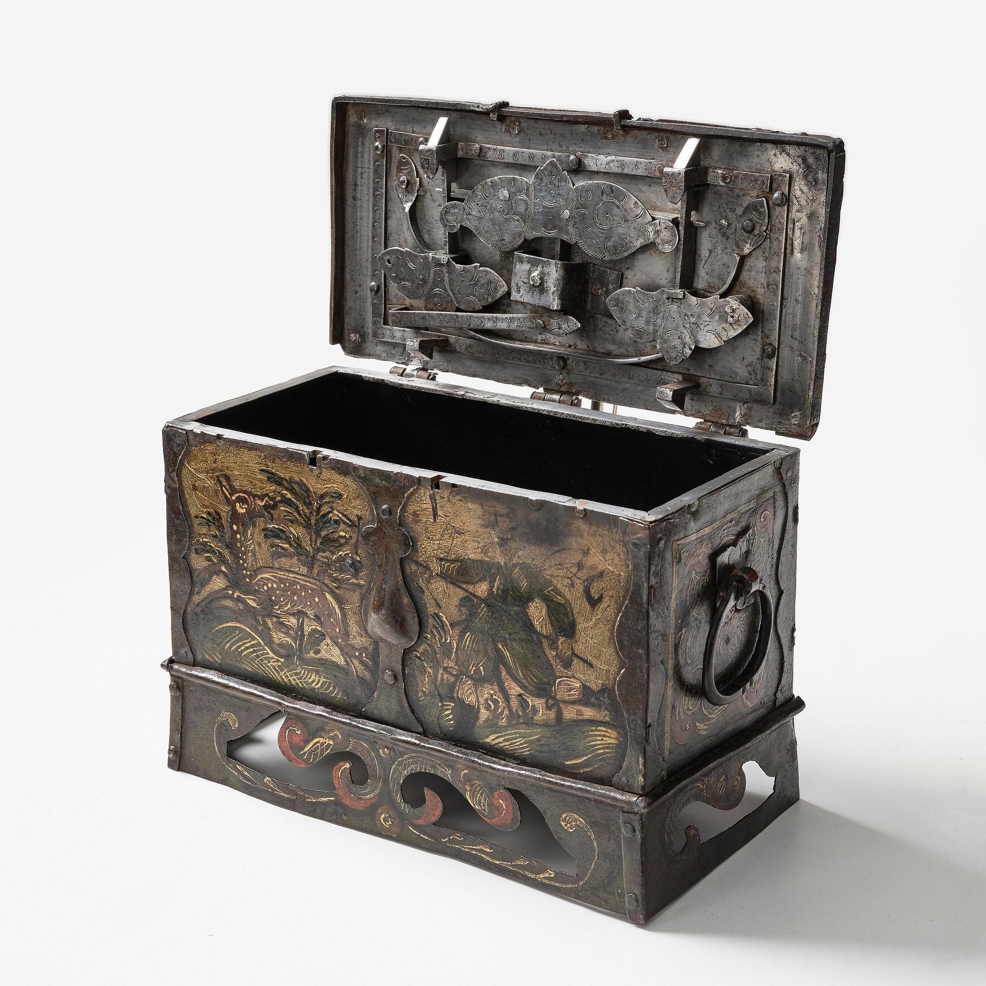A South German presumably Nuremberg polychrome-painted wrought baroque iron casket, 17th century.