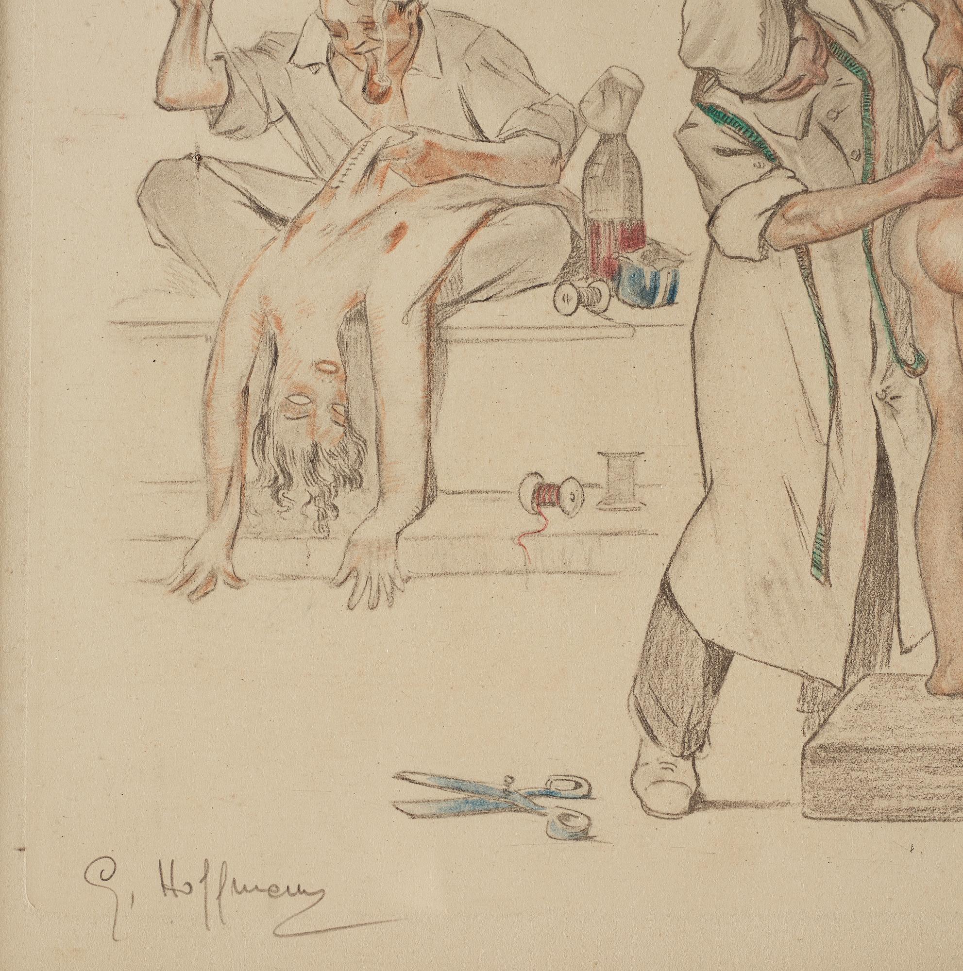 An etching by an unknown artist "Atelier de reparation", signed G Hoffman.