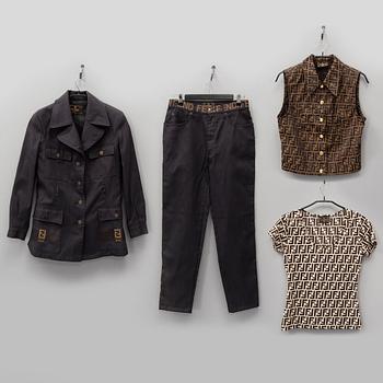 FENDI, ensemble bestående av jacka, jeans, väst samt top, italiensk storlek 42-46.