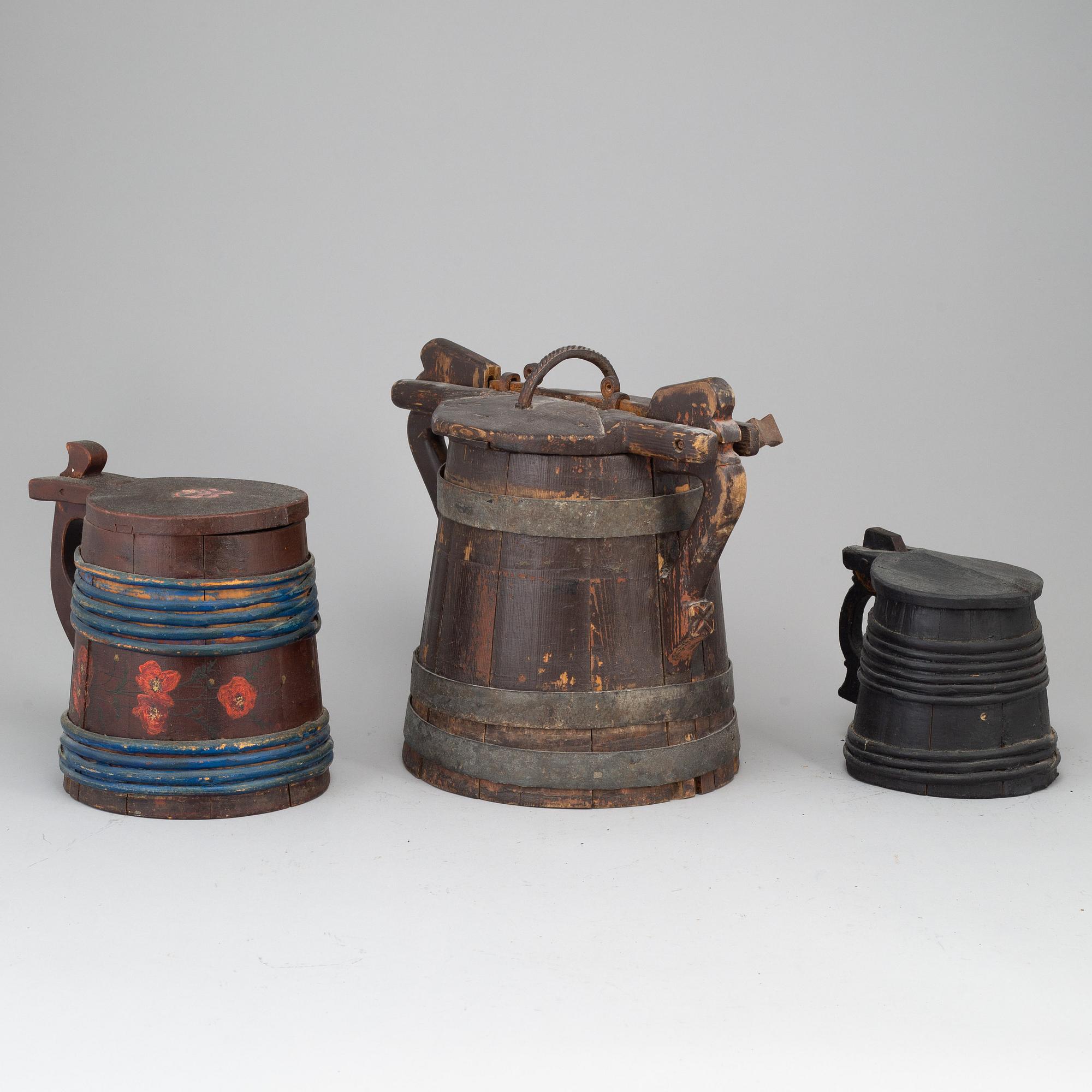 Three painted wooden jars from the 19-20th century.