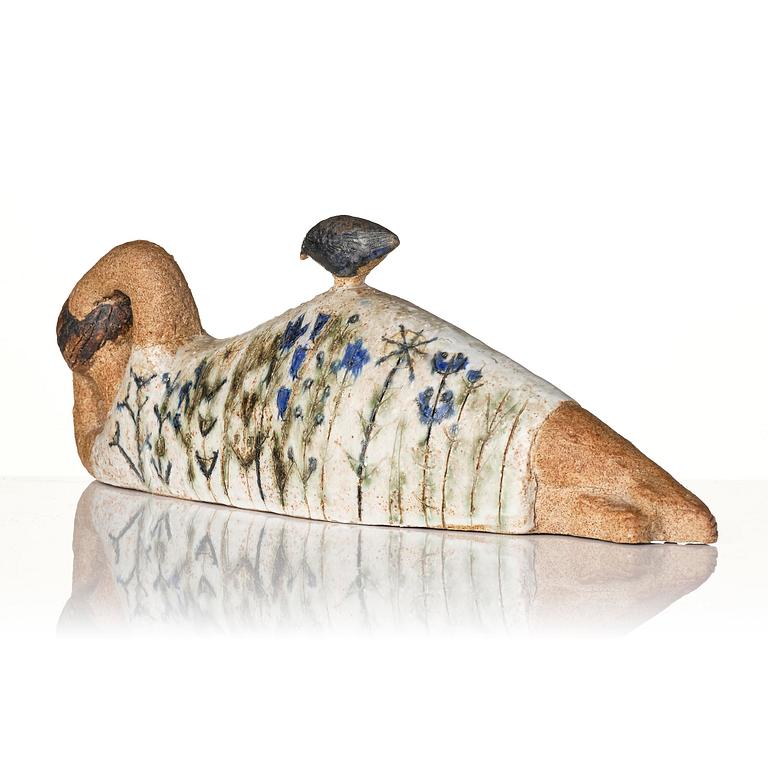Lisa Larson, a unique chamotte stoneware sculpture of a reclining female figure with a bird, Gustavsberg Studio, probably 1950s-60s.