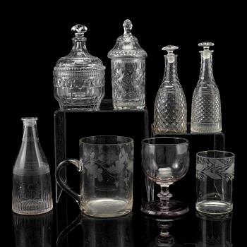 Glass items, eight parts, 19th century.