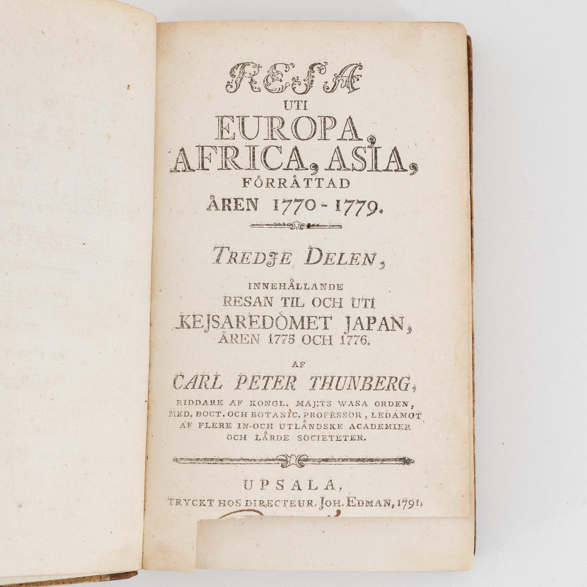 Books, four volumes,  Carl Peter Thunberg, Resa uti Europa, Africa, Asia 1770-1779. I-IV.