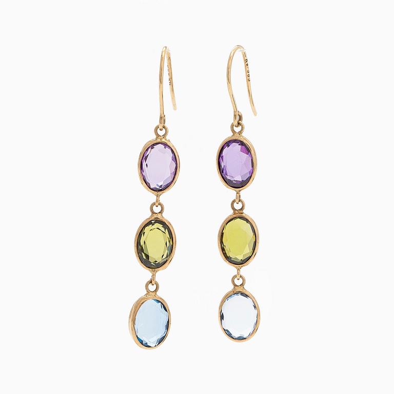 Earrings, amethysts, peridots, topazes, 14K gold.