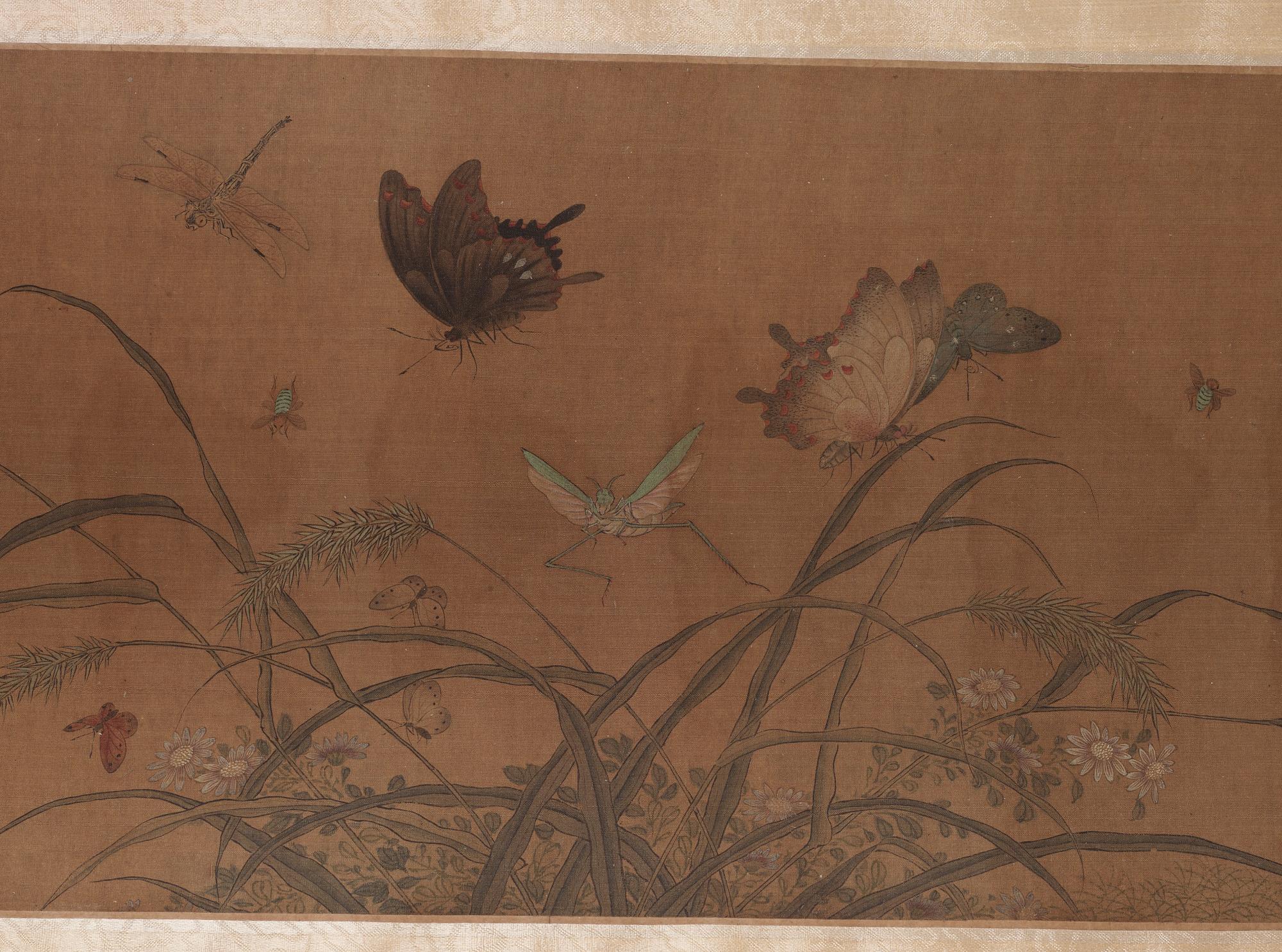 RULLMÅLNING, landskap med fjärilar och insekter i Qian Xuans (1235-1305) efterföljd, Qing dynastin 1800-tal.
