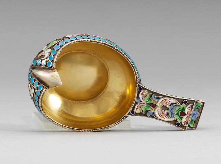 A RUSSIAN SILVER-GILT AND ENAMEL KOVSH, makers mark of Petrovich Chlebnikov, Moscow 1908-1917.