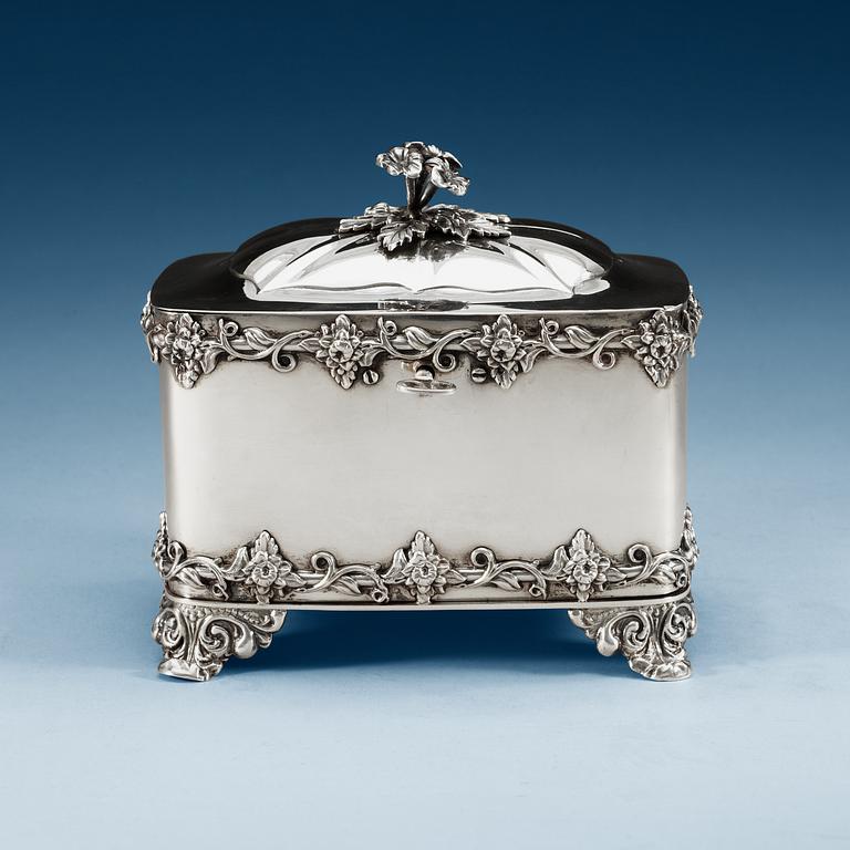 A Swedish 19th century silver sugar-casket, makers mark of Gustaf Möllenborg, Stockholm 1845.