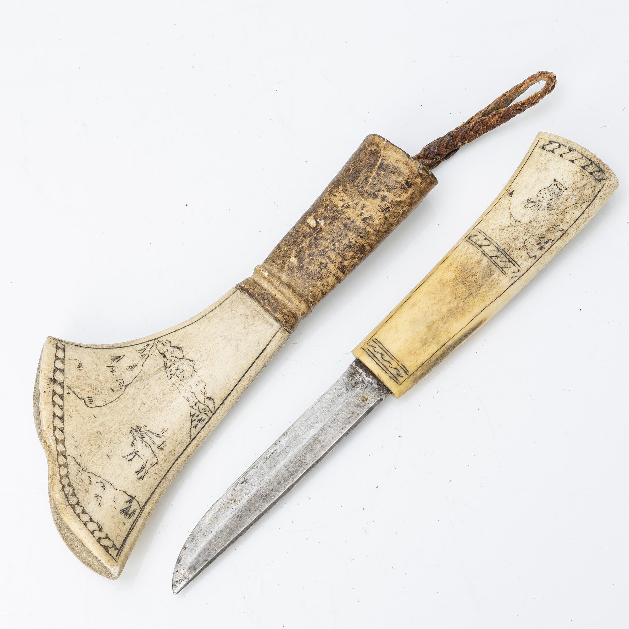 Half-horn knife and wooden cup, unidentified craftsmen.
