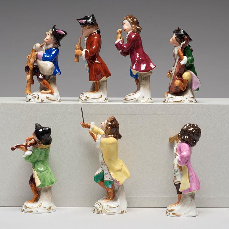 A group of seven 'Affenkapelle' porcelain figurines, Germany, Sitzendorf,  20th Century.