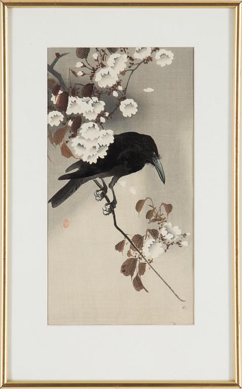 KOSON OHARA (1877-1945), färg träsnitt, två stycken Japan, "fåglar".