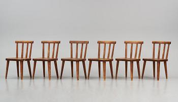 Axel Einar Hjorth, a set of six stained pine "Utö" chairs, Nordiska Kompaniet, Sweden, 1930s.