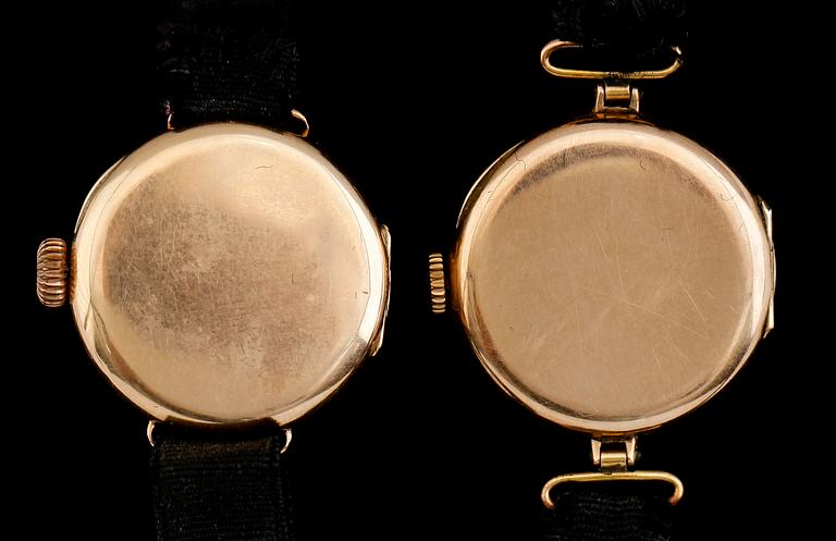 ARMBANDSUR, 2 st, 14 k guld, 1900-talets första hälft.