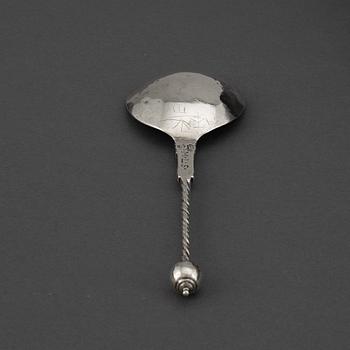 Lucas Andersen Steen, sked med kulknopp, silver, Bergen (1619-efter 1658).
