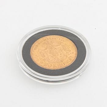 Guldmynt Sverige, Oscar II 20 kr, 1876.