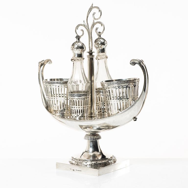A Swedish late Gustavian silver and glass cruet-set, mark of Pehr Zethelius, Stockholm 1798.
