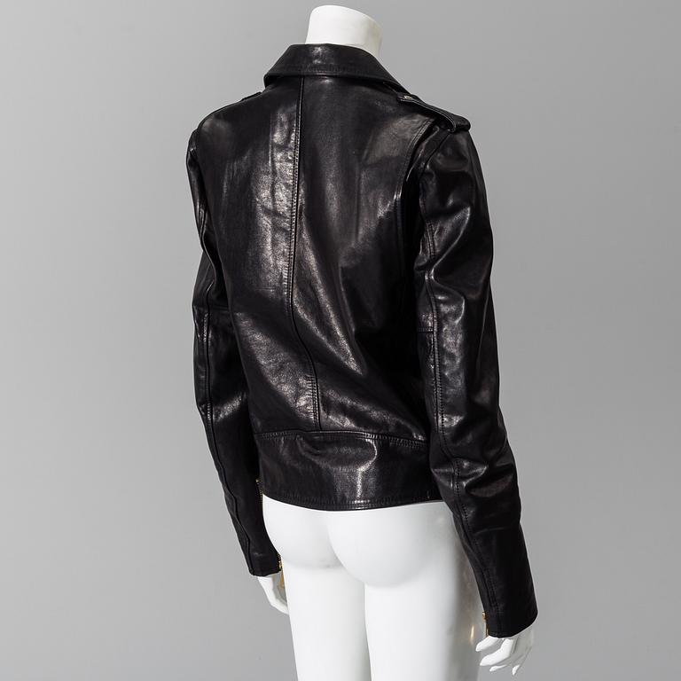 MOSCHINO, a black leather jacket, Italian size 48.