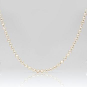 PÄRLCOLLIER, odlade saltvattenspärlor, lås i 18K guld med åttkantslipade diamanter och safir.