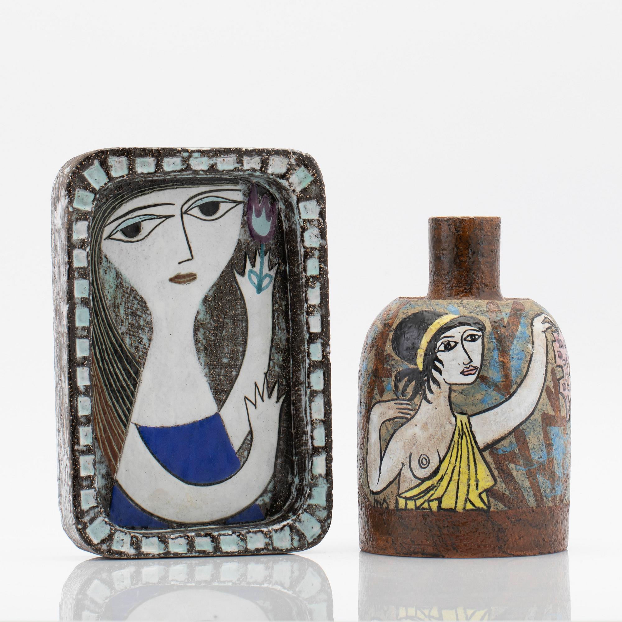 Mari Simmulson, vase / lamp base and plate, Upsala-Ekeby.