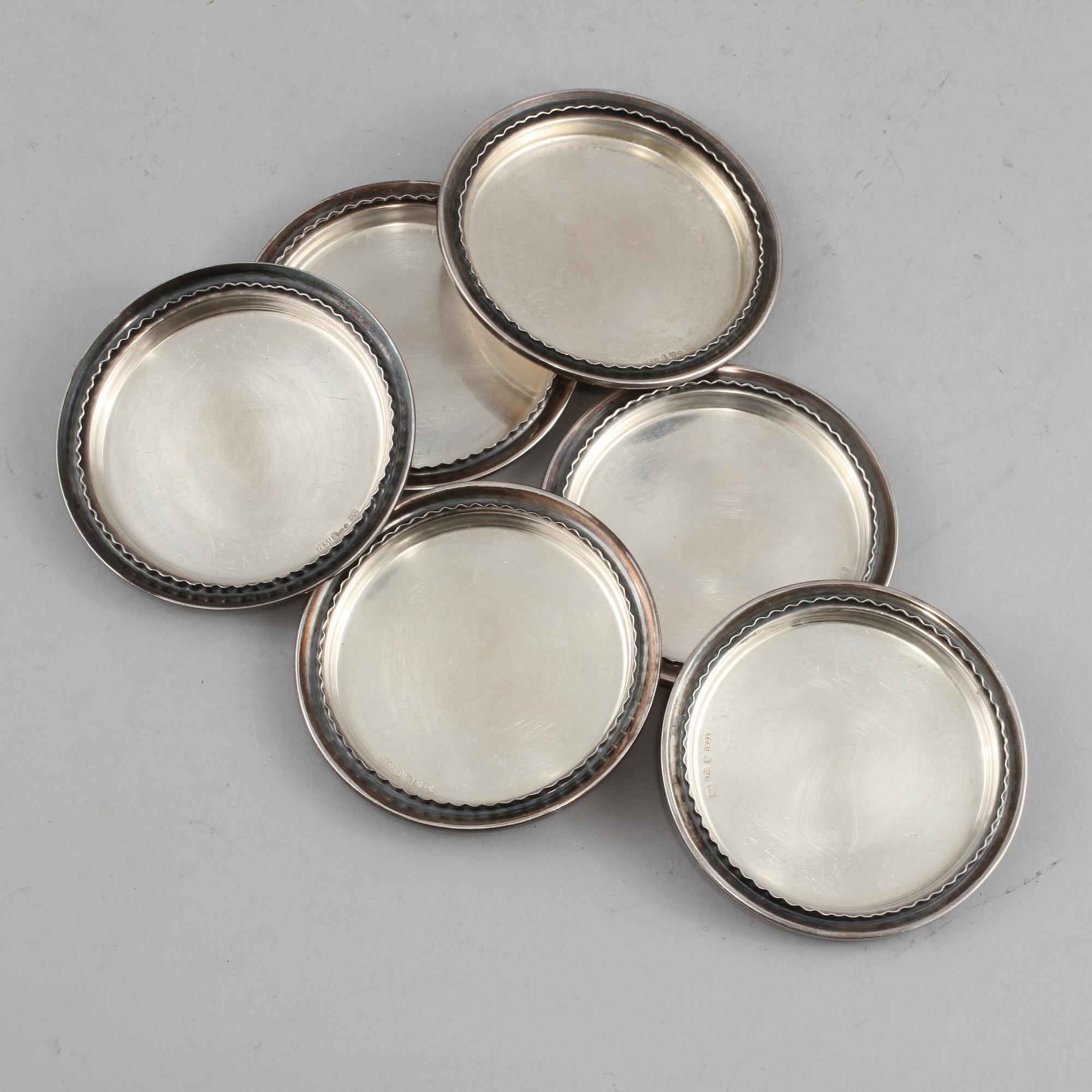COASTERS, 6 st, silver, Tenn & Silver AB, Göteborg, 1952. Total vikt 224 gram.
